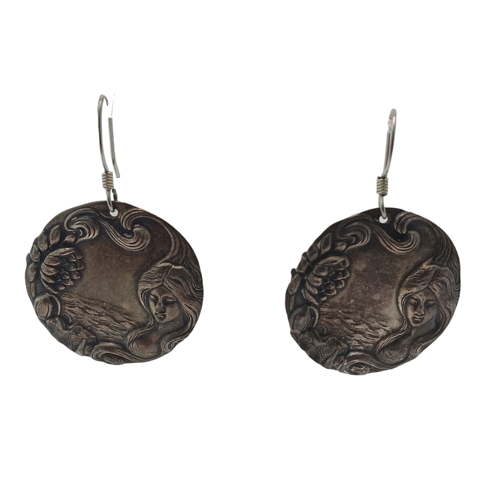 Vintage Womens Dangle Earrings Siren Lotus Flower Sterling Round Art Nouveau